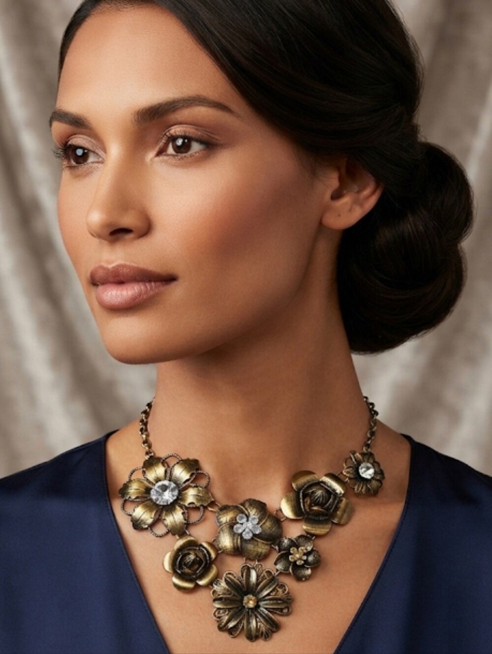 Goldtone Floral Bib Statement Necklace With Crystal Accents